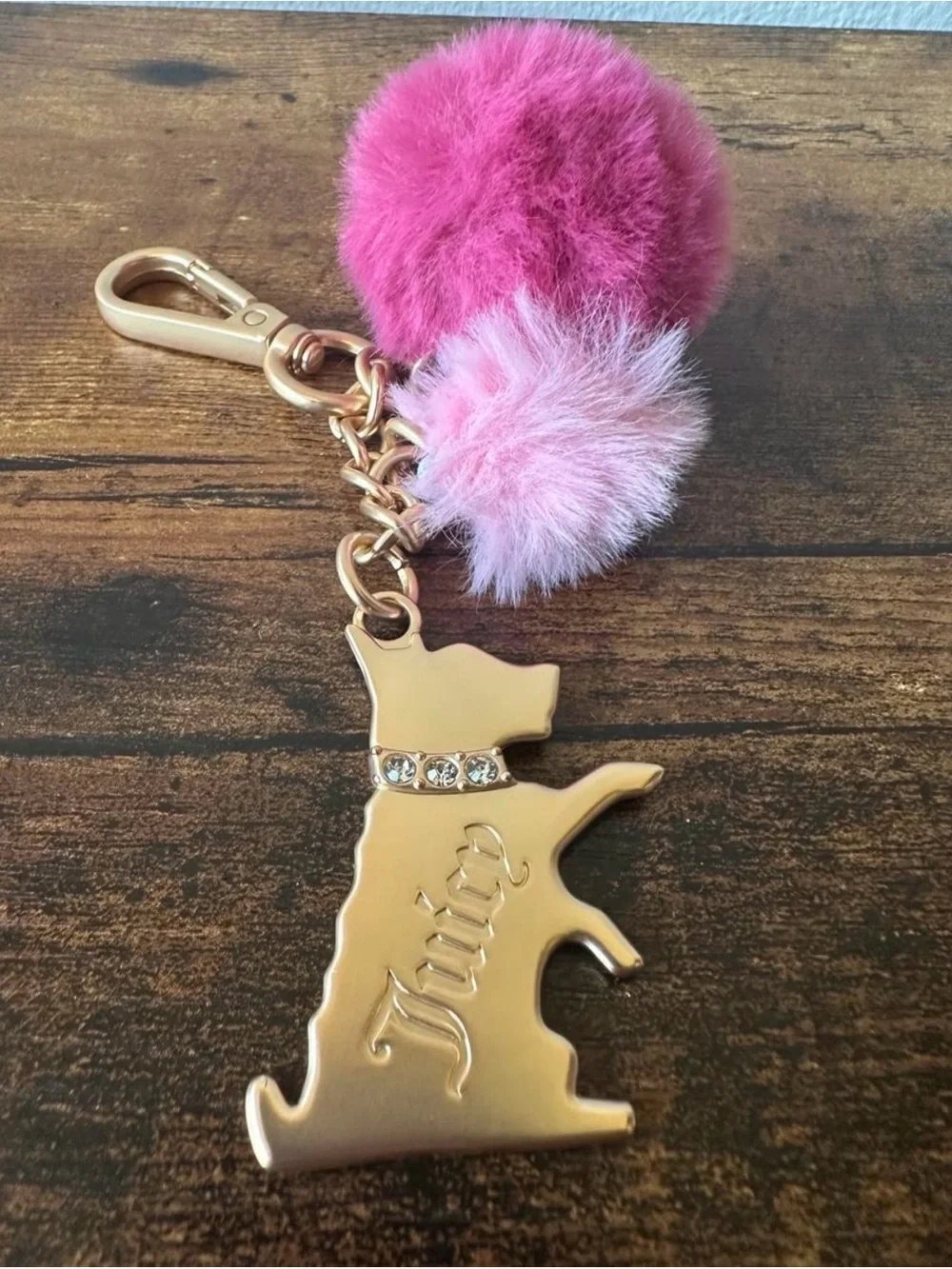 Juicy Couture Bag Charm Pink Pom-Pom & Metal Gold-Tone Dog Keychain NWOT